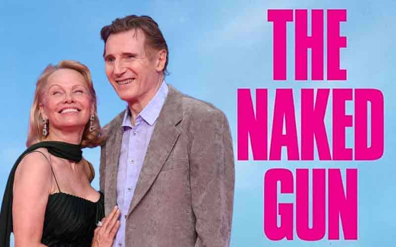 Pamela Anderson and Liam Neeson standing next to a logo for The Naked Gun