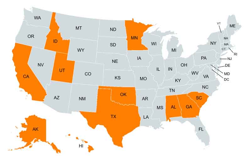 a US map with states without domestic sports betting highlighted in orange