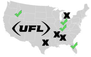 A US map showing new and old team markets for the UFL with Xs and check marks