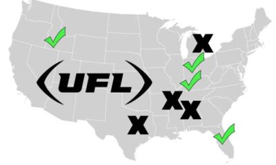 A US map showing new and old team markets for the UFL with Xs and check marks