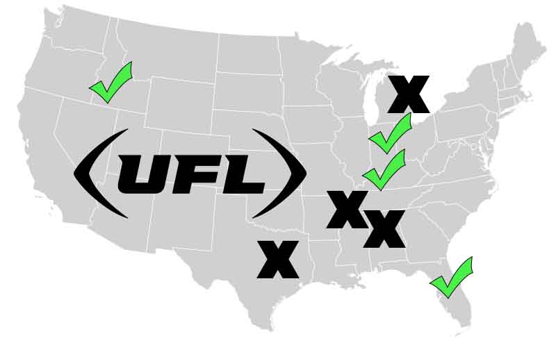A US map showing new and old team markets for the UFL with Xs and check marks