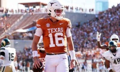Arch Manning of the Texas Longhorns after a rushing touchdown