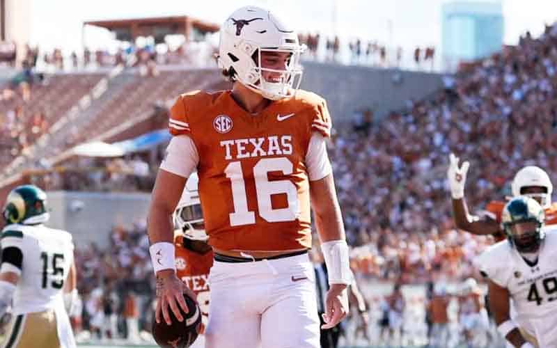 Arch Manning of the Texas Longhorns after a rushing touchdown