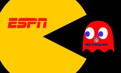 ESPN Pac Man gobbling up a red ghost with an NFL Network logo on it