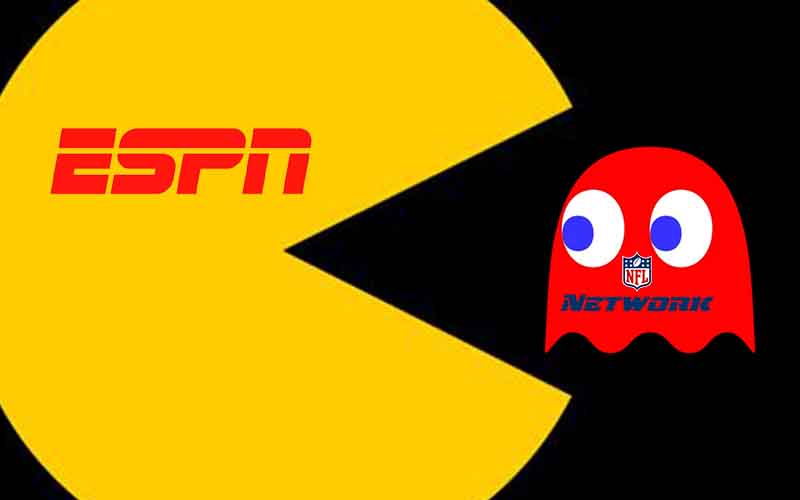 ESPN Pac Man gobbling up a red ghost with an NFL Network logo on it