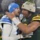 Jared Goff giving Jordan Love a hug after a Lions Packers game
