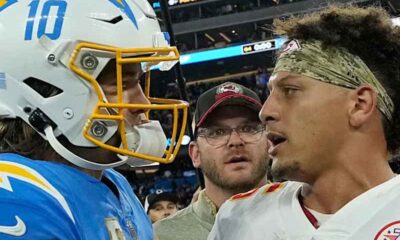Patrick Mahomes and Justin Herbert talking after a game