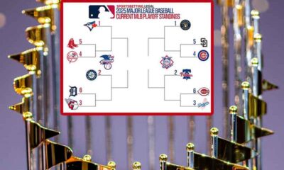 MLB World Series odds in bracket form inside a MLB Championship Trophy