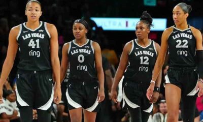 four members of the 2025 Las Vegas Aces walking with swagger