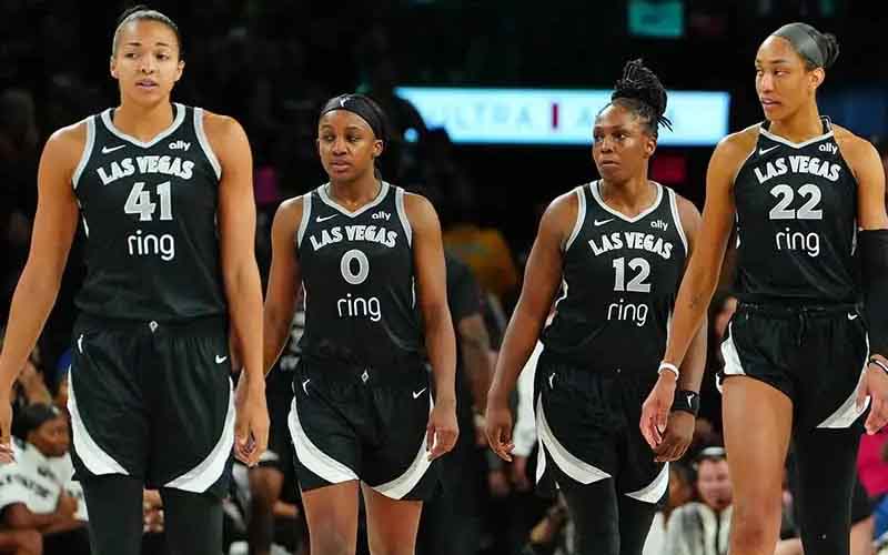 four members of the 2025 Las Vegas Aces walking with swagger