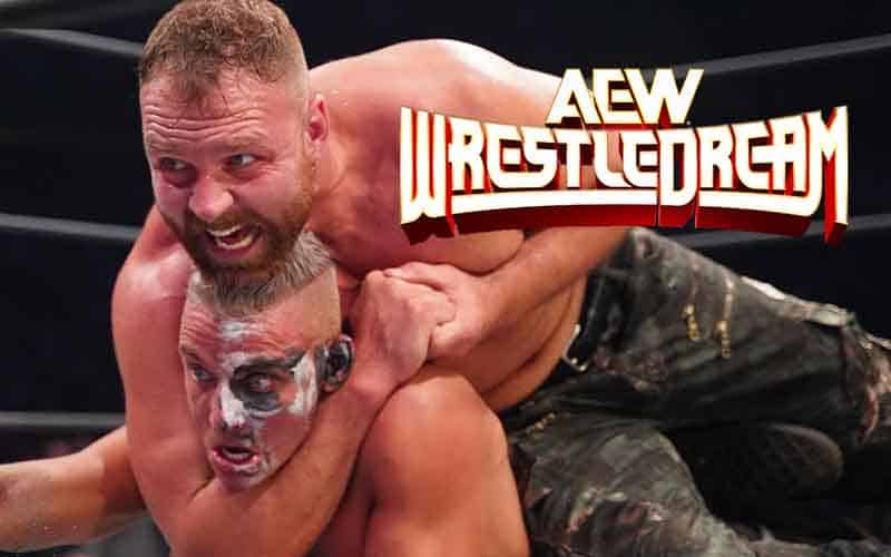 Jon Moxley with Darby Allin in a choke hold next to an AEW WrestleDream logo