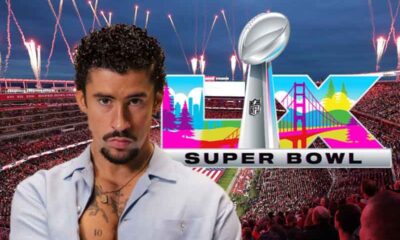 Bad Bunny in front of a Super Bowl 60 logo above Levi's Stadium