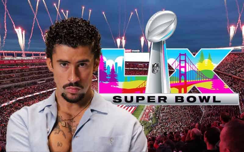 Bad Bunny in front of a Super Bowl 60 logo above Levi's Stadium