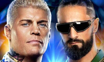 a close up of Cody Rhodes and Seth Rollins
