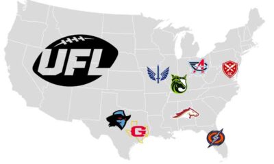 a map of the United States with UFL team logos placed over their city locations