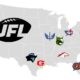 a map of the United States with UFL team logos placed over their city locations