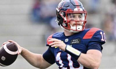 Davis Alexander throwing a pass for the Montreal Alouettes