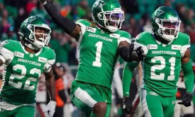 Saskatchewan Roughriders celebrating a big play