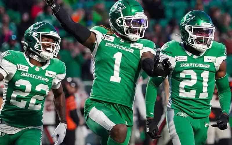 Saskatchewan Roughriders celebrating a big play