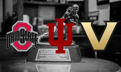 Indiana, Vanderbilt, and Ohio State logos over a black and white image of the Heisman Trophy