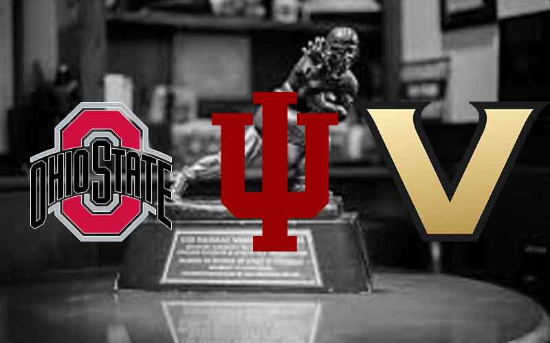 Indiana, Vanderbilt, and Ohio State logos over a black and white image of the Heisman Trophy