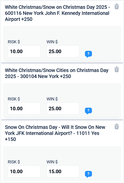 prop bets for New York City Christmas snow