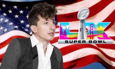 Charlie Puth with an American Flag and a Super Bowl LX logo