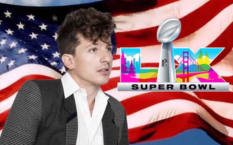 Charlie Puth with an American Flag and a Super Bowl LX logo