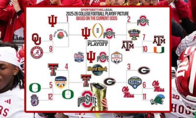 a CFP bracket in front of celebrating Indiana Hoosier fans