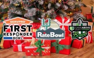logos for all three 12 26 25 NCAAF bowl games next to a christmas tree