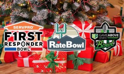 logos for all three 12 26 25 NCAAF bowl games next to a christmas tree