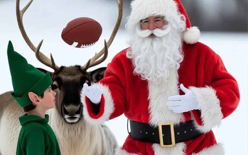 Santa throwing a football to an elf while a reindeer watches