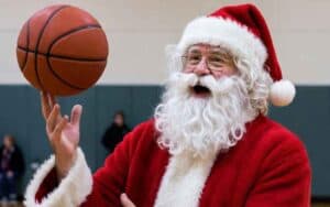 Santa about to spin a basketball