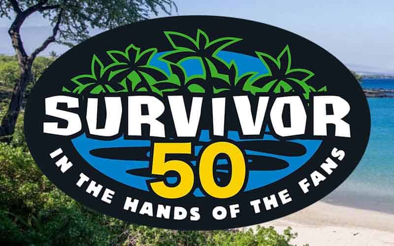 Survivor 50 logo in front of a tropical island setting