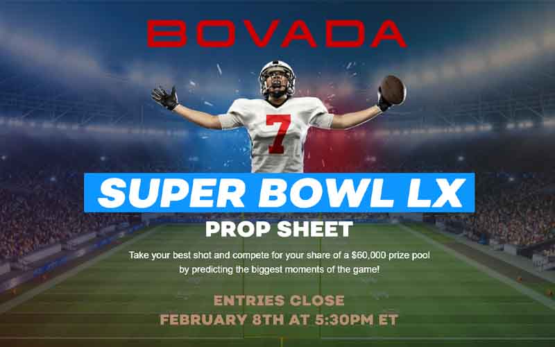 a promo for Bovada's Super Bowl 60 betting contest