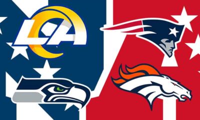 logos for the Rams. Seahawks, Patriots, Broncos, AFC, and NFC