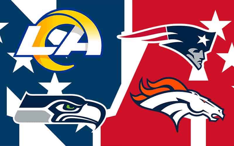 logos for the Rams. Seahawks, Patriots, Broncos, AFC, and NFC