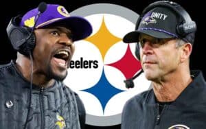 Brian Flores, Jim Harbaugh, and a Pittsburgh Steelers logo