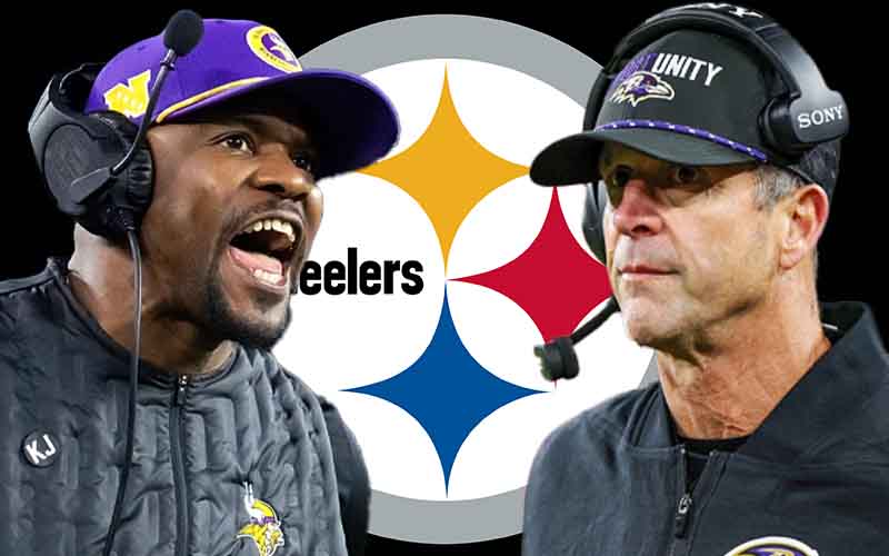 Brian Flores, Jim Harbaugh, and a Pittsburgh Steelers logo