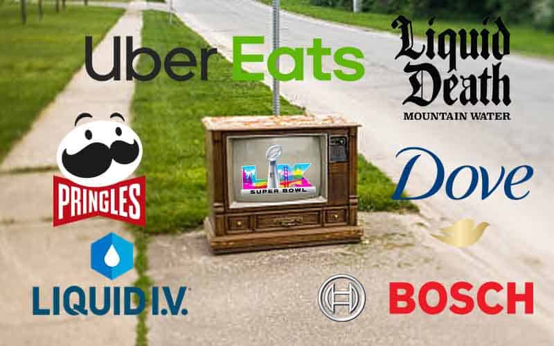 A TV on the curb with a SB LX logo and brand logos that will appear in SB ads