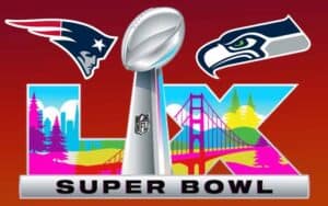 logos for Super Bowl 60, the Patriots, and Seahawks