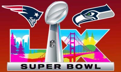 logos for Super Bowl 60, the Patriots, and Seahawks
