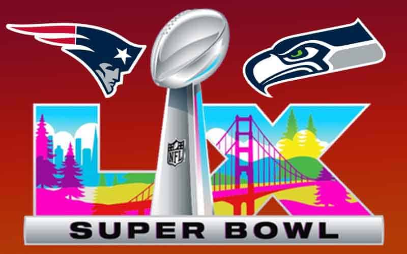 logos for Super Bowl 60, the Patriots, and Seahawks