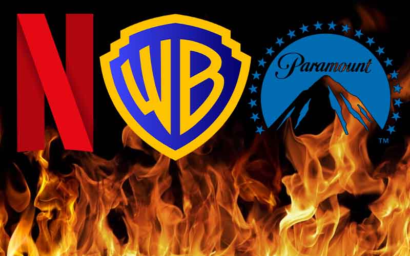 Netflix Warner Brothers and Paramount logos on fire