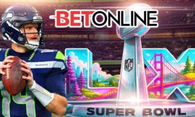 Sam Darnold and logos for BetOnline and Super Bowl LX