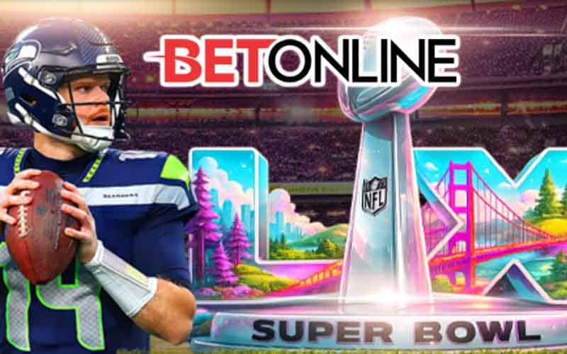 Sam Darnold and logos for BetOnline and Super Bowl LX