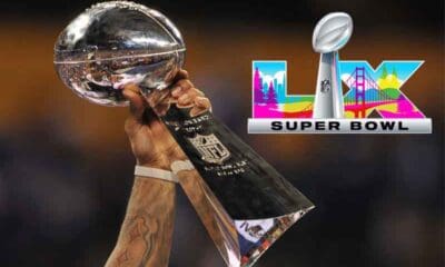 A Lombardi Trophy being hoisted next to a Super Bowl LX logo