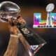 A Lombardi Trophy being hoisted next to a Super Bowl LX logo