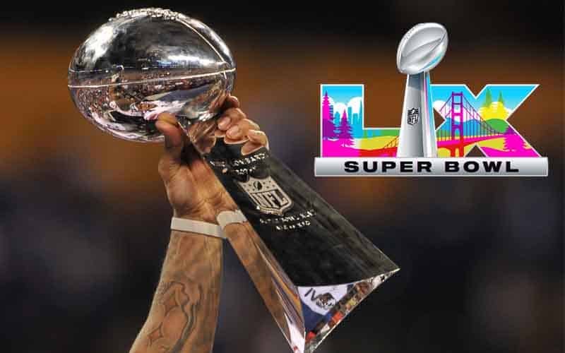 A Lombardi Trophy being hoisted next to a Super Bowl LX logo