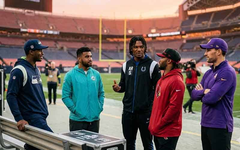 Geno Smith, Tua, Richardson, Murray, and Cousins talking to each other on the sidelines